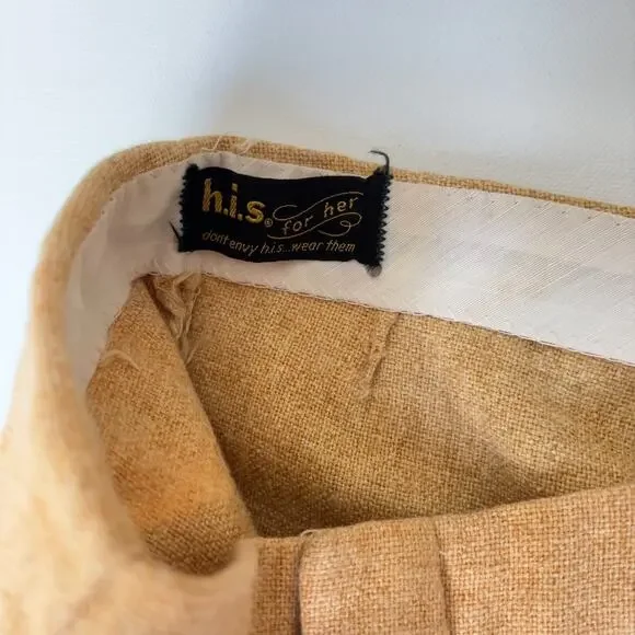 Vintage HIS For Her Linen Blend Flare Pants Straw Tan Mid Rise 70s Style 4 Est - Picture 6 of 10